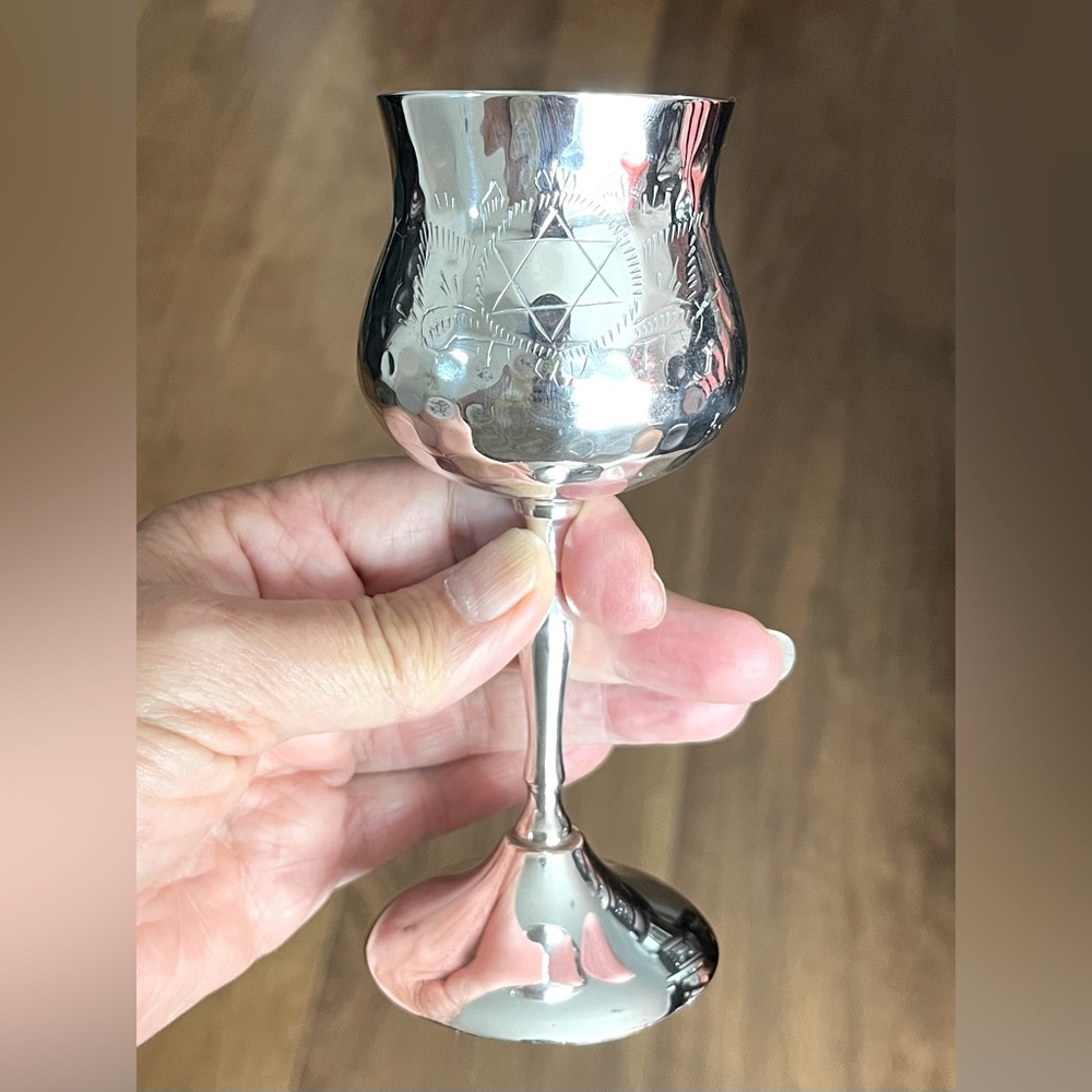 Silver Plated Hammered Kiddish Cup Goblet With Star Of David On Both Sides